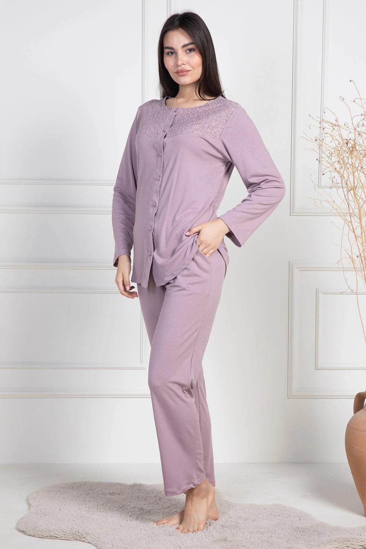 Dantelli Boydan Düğmeli  Uzun Kollu Pijama Takımı Gül Kurusu- 6105