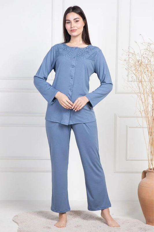 Dantelli Boydan Düğmeli  Uzun Kollu Pijama Takımı İndigo - 6105