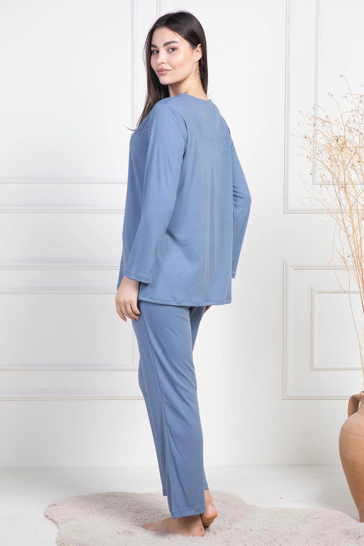 Dantelli Boydan Düğmeli  Uzun Kollu Pijama Takımı İndigo - 6105