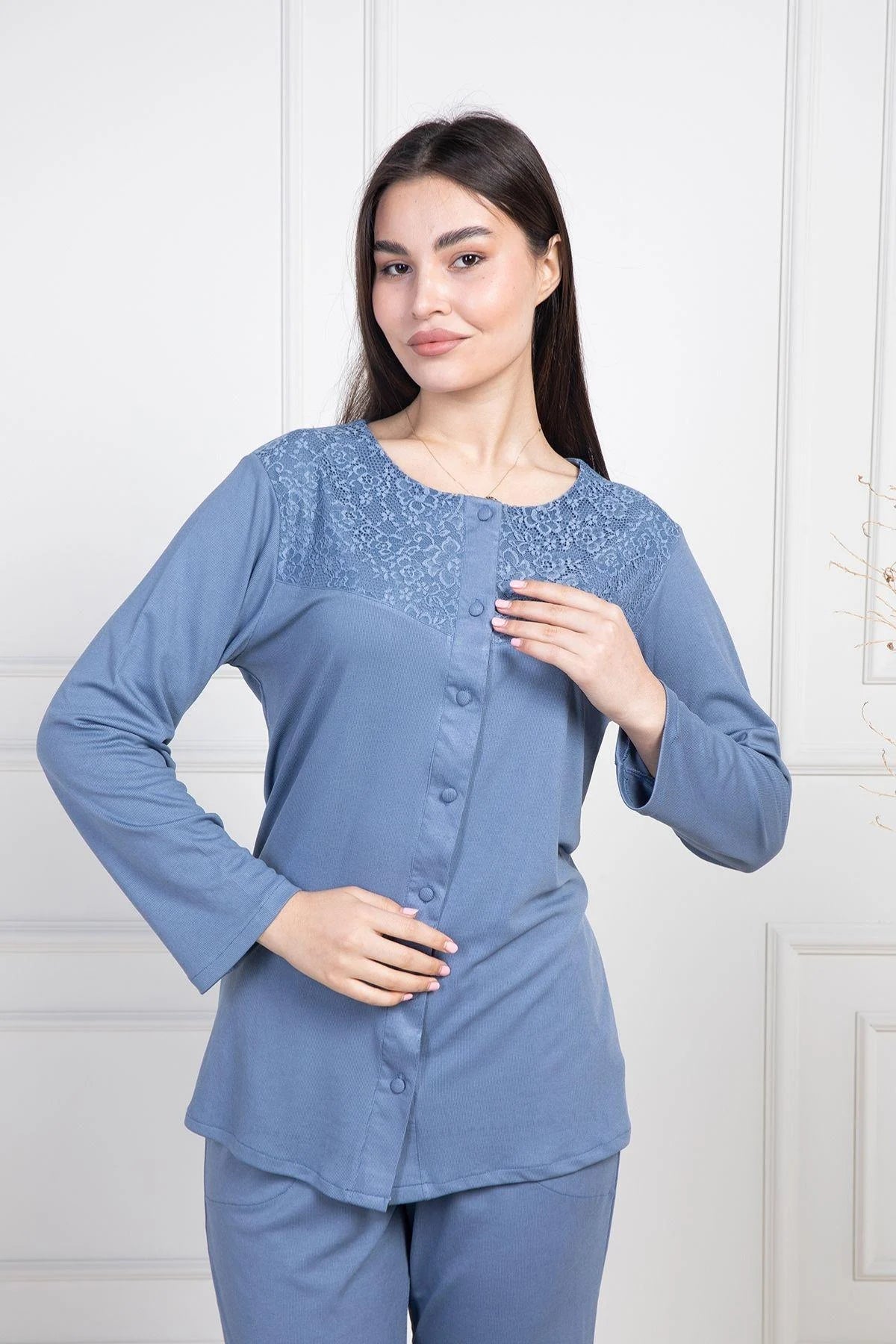 Dantelli Boydan Düğmeli  Uzun Kollu Pijama Takımı İndigo - 6105
