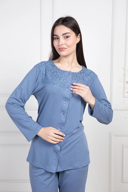 Dantelli Boydan Düğmeli  Uzun Kollu Pijama Takımı İndigo - 6105