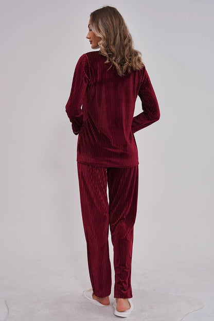 Boydan Düğmeli Cep Detaylı Kadife Pijama Takımı Bordo - 6120