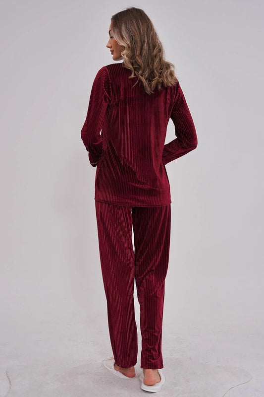 Boydan Düğmeli Cep Detaylı Kadife Pijama Takımı Bordo - 6120