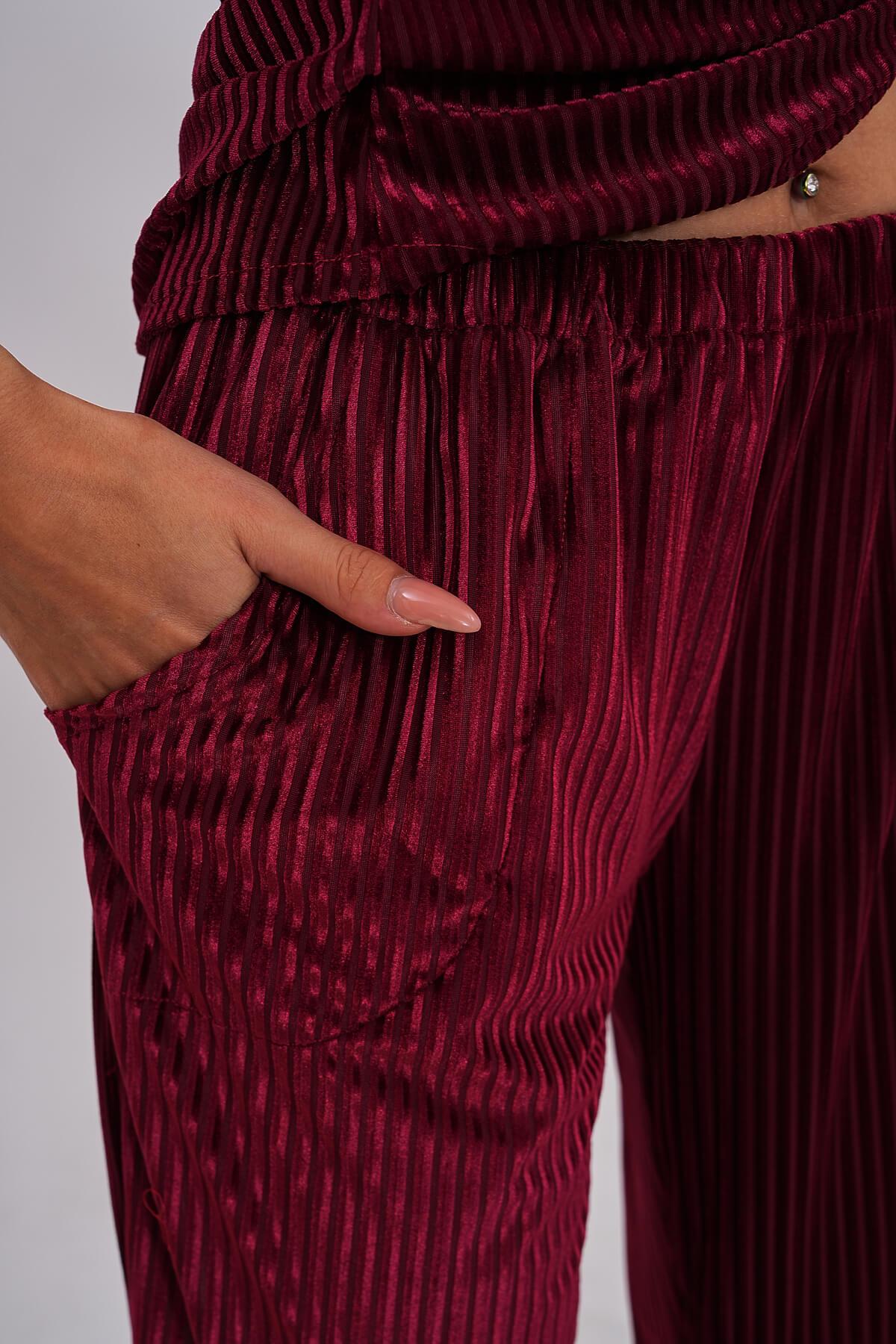 Boydan Düğmeli Cep Detaylı Kadife Pijama Takımı Bordo - 6120