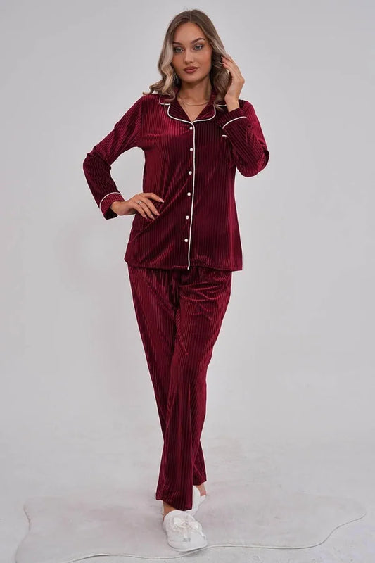 Boydan Düğmeli Cep Detaylı Kadife Pijama Takımı Bordo - 6120