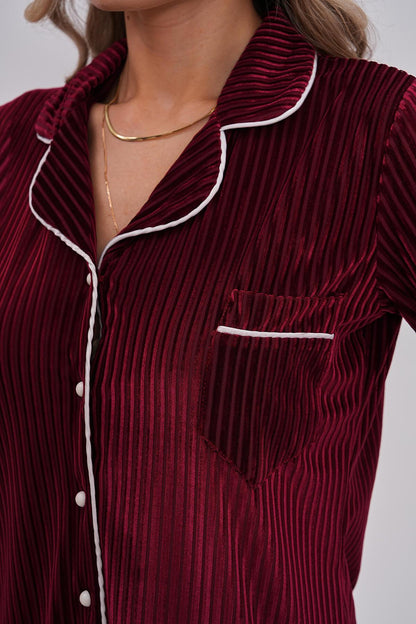 Boydan Düğmeli Cep Detaylı Kadife Pijama Takımı Bordo - 6120