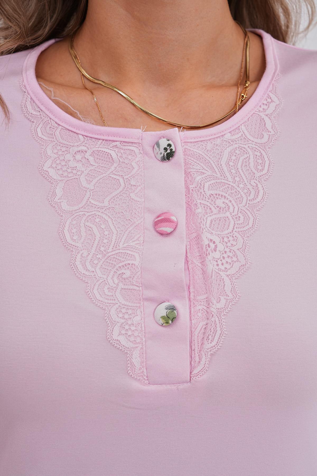 Tüylü Çiçek Desenli Dantel Detaylı Uzun Kollu Pijama Takımı Fuşya - 6121