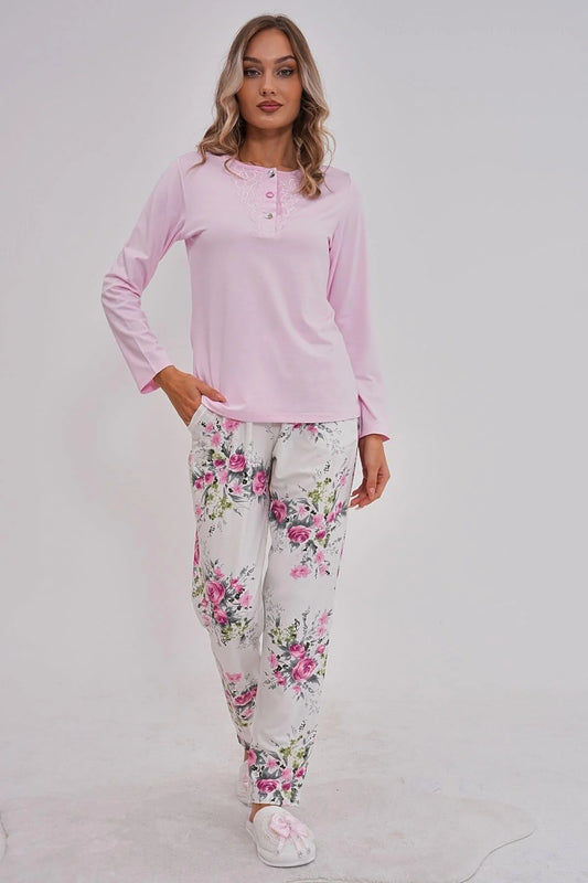 Tüylü Çiçek Desenli Dantel Detaylı Uzun Kollu Pijama Takımı Fuşya - 6121
