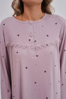Önden Düğmeli Puantiyeli Midi Boy Lohusa Hamile Gecelik Lila - 6152