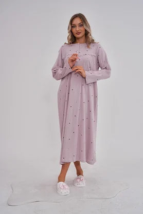 Önden Düğmeli Puantiyeli Midi Boy Lohusa Hamile Gecelik Lila - 6152