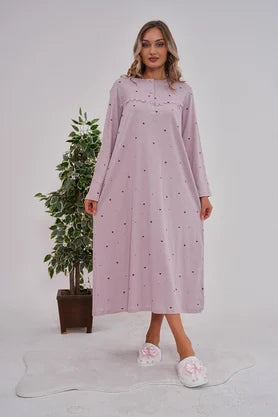 Önden Düğmeli Puantiyeli Midi Boy Lohusa Hamile Gecelik Lila - 6152