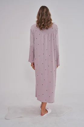 Önden Düğmeli Puantiyeli Midi Boy Lohusa Hamile Gecelik Lila - 6152