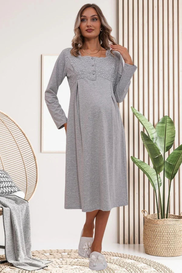 Dantel Kol Önden Düğmeli Sabahlıklı Gecelikli Pijama Takımlı 4'Lü Lohusa  Set  Gri - 6172
