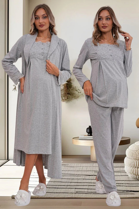 Dantel Kol Önden Düğmeli Sabahlıklı Gecelikli Pijama Takımlı 4'Lü Lohusa  Set  Gri - 6172
