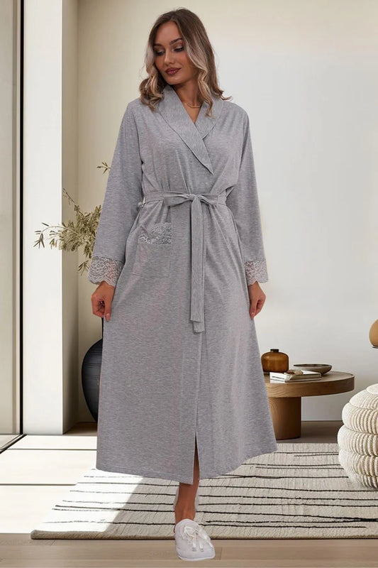 Dantel Kol Önden Düğmeli Sabahlıklı Gecelikli Pijama Takımlı 4'Lü Lohusa  Set  Gri - 6172