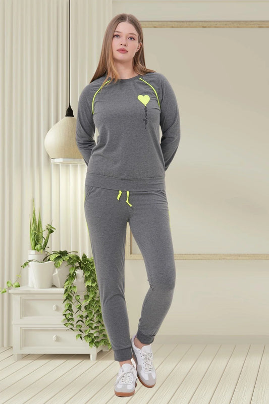 Kalp Desenli Yandan Çizgili Spor Pijama Takımı Füme  - 6200