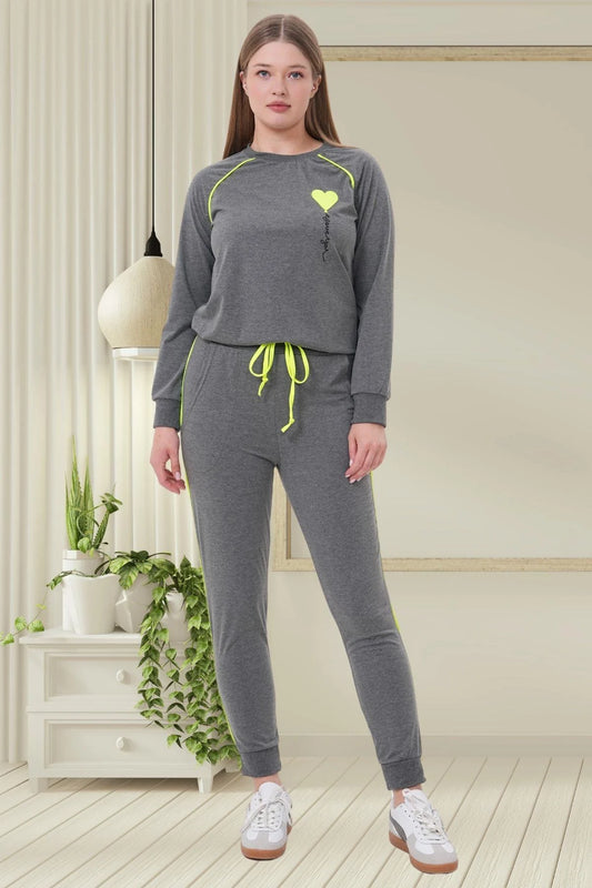 Kalp Desenli Yandan Çizgili Spor Pijama Takımı Füme  - 6200