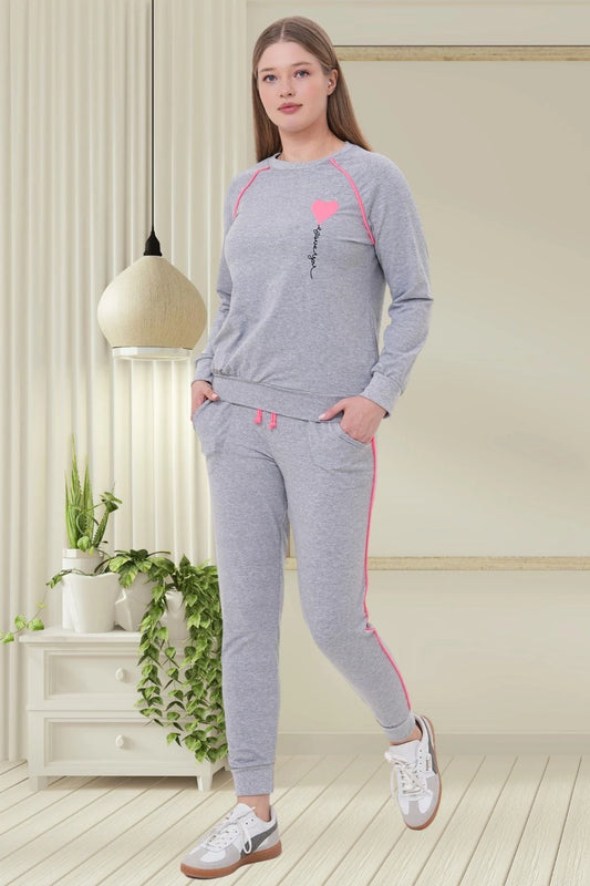 Kalp Desenli Yandan Çizgili Spor Pijama Takımı Gri - 6200