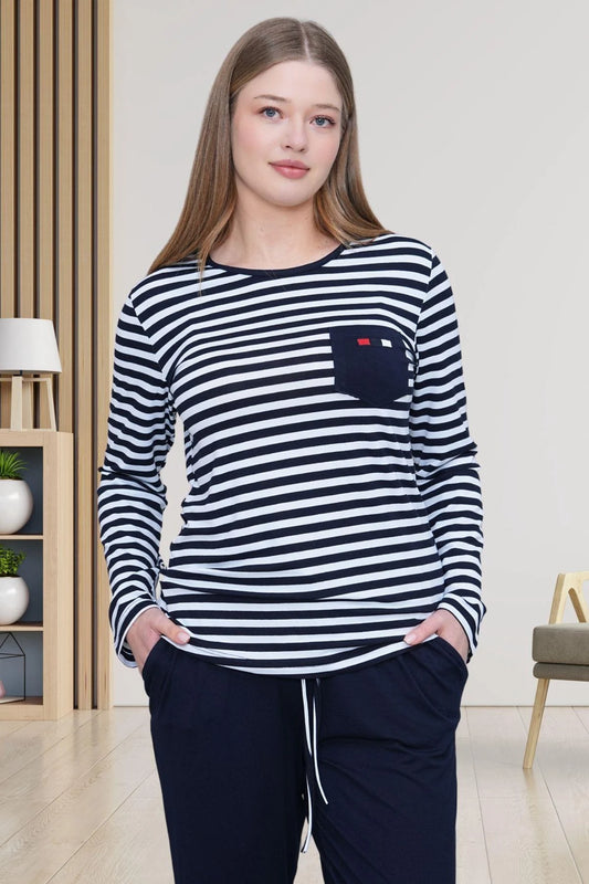 Yatay Çizgili Uzun Kollu Cep Detaylı Pijama Takımı Lacivert- 6201