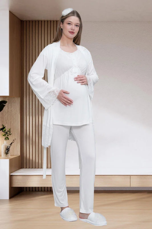 Dantel Kol Bağlamalı Sabahlıklı Lohusa Hamile Pijama Takımı Ekru - 6203