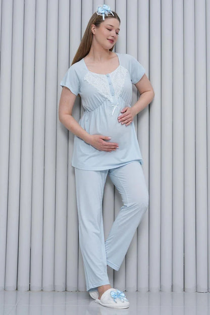Dantel Kol Bağlamalı Sabahlıklı Lohusa Hamile Pijama Takımı Mavi - 6203
