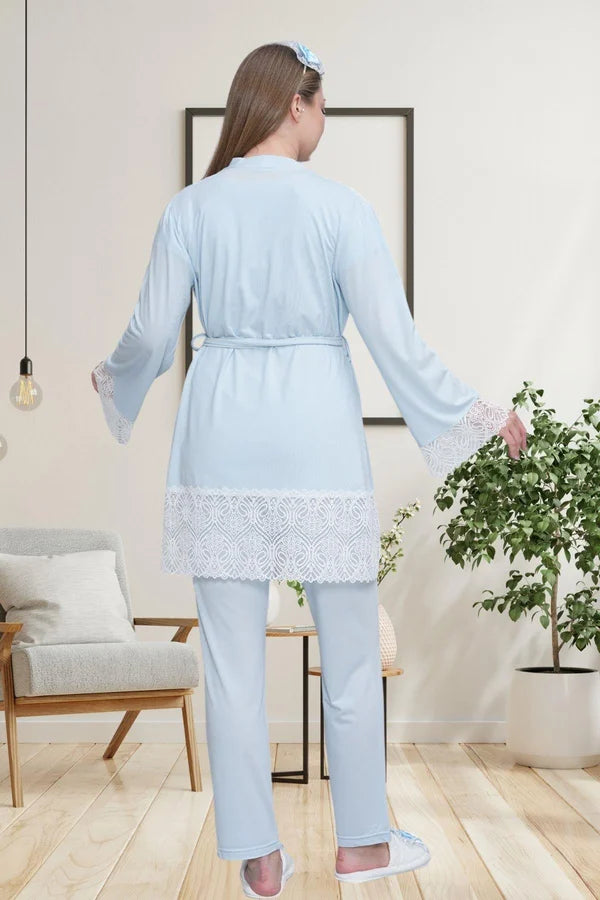 Dantel Kol Bağlamalı Sabahlıklı Lohusa Hamile Pijama Takımı Mavi - 6203