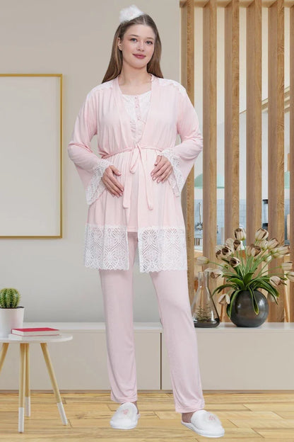 Dantel Kol Bağlamalı Sabahlıklı Lohusa Hamile Pijama Takımı Pembe - 6203