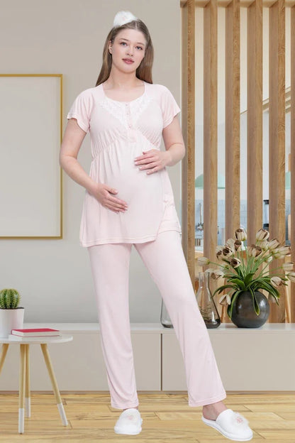 Dantel Kol Bağlamalı Sabahlıklı Lohusa Hamile Pijama Takımı Pembe - 6203