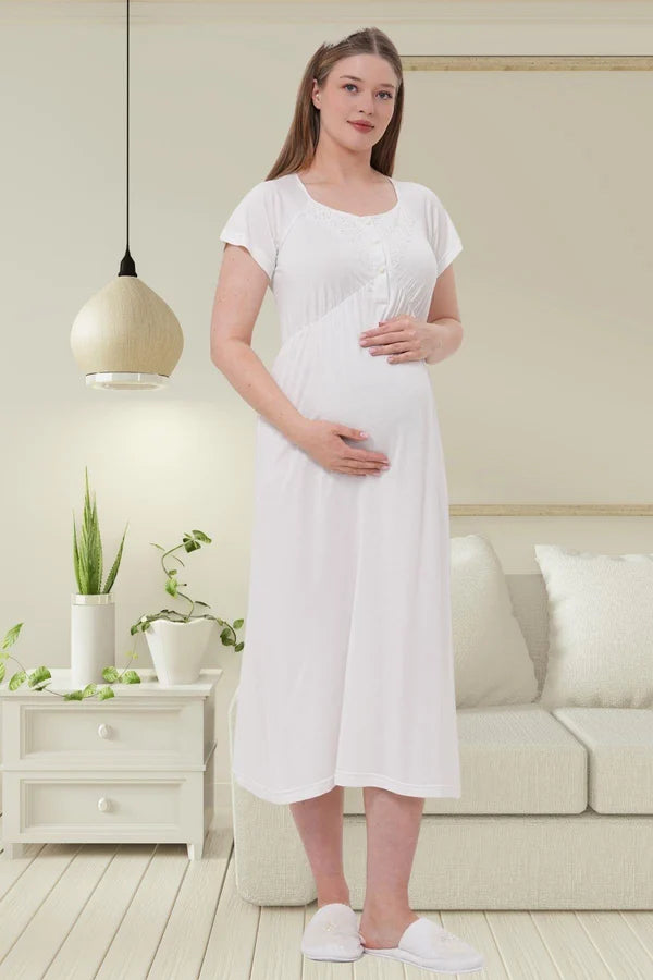 Dantel Kol Önden Düğmeli Sabahlıklı Lohusa Hamile  Gecelik Takımı Ekru - 6204