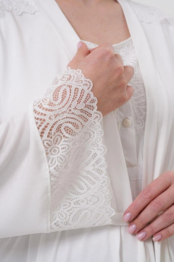 Dantel Kol Önden Düğmeli Sabahlıklı Lohusa Hamile  Gecelik Takımı Ekru - 6204