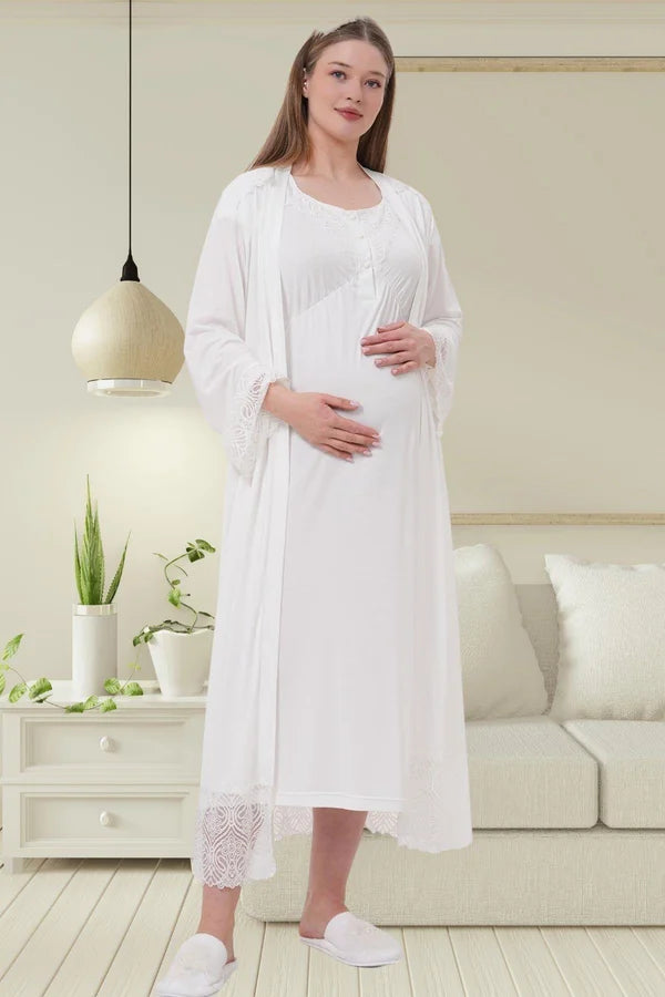Dantel Kol Önden Düğmeli Sabahlıklı Lohusa Hamile  Gecelik Takımı Ekru - 6204