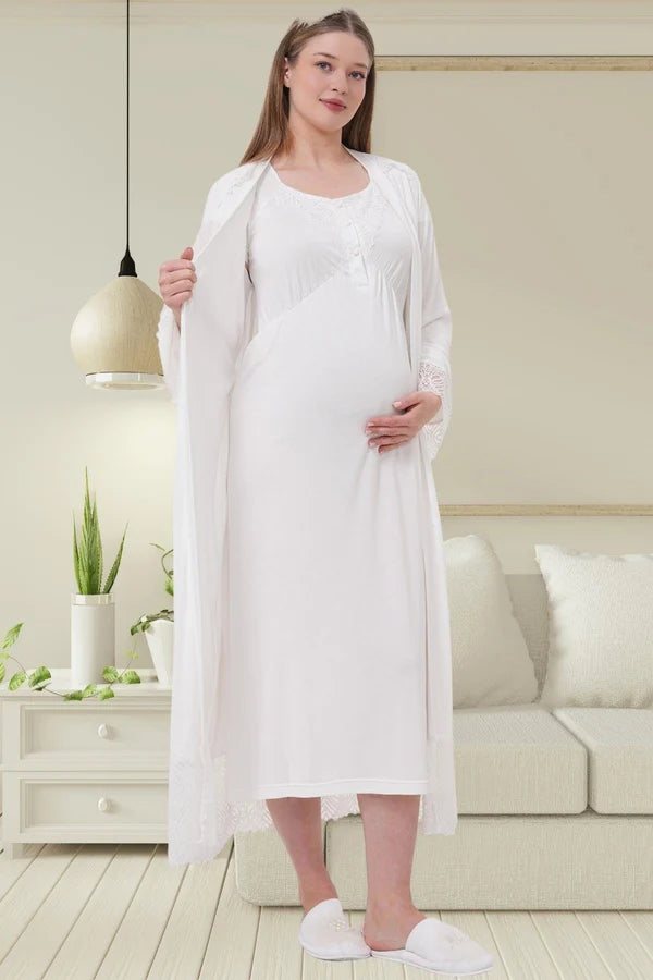 Dantel Kol Önden Düğmeli Sabahlıklı Lohusa Hamile  Gecelik Takımı Ekru - 6204