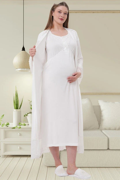 Dantel Kol Önden Düğmeli Sabahlıklı Lohusa Hamile  Gecelik Takımı Ekru - 6204