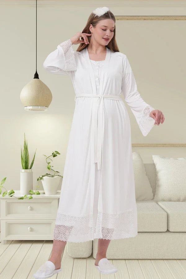 Dantel Kol Önden Düğmeli Sabahlıklı Lohusa Hamile  Gecelik Takımı Ekru - 6204