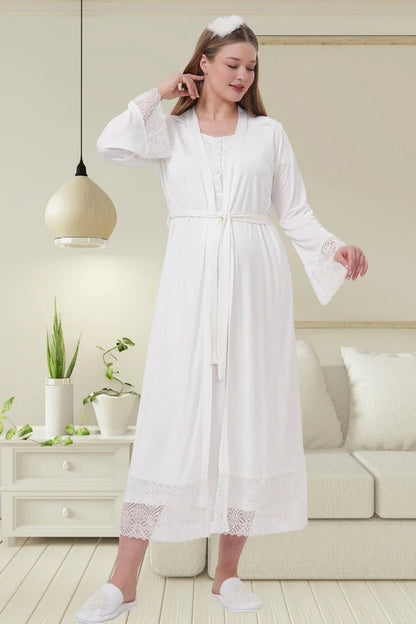 Dantel Kol Önden Düğmeli Sabahlıklı Lohusa Hamile  Gecelik Takımı Ekru - 6204