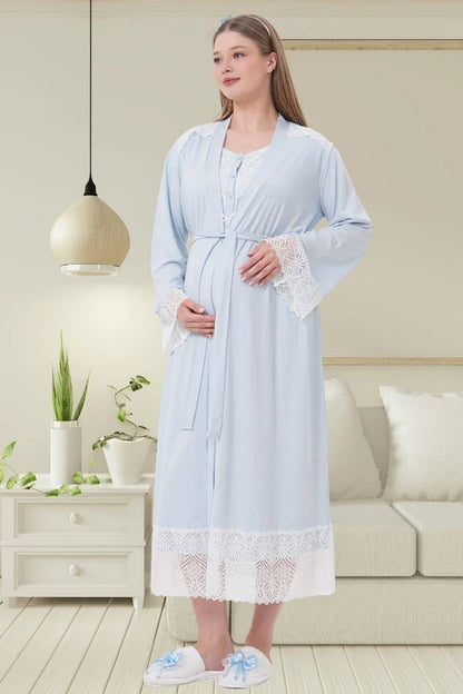 Dantel Kol Önden Düğmeli Sabahlıklı Lohusa Hamile  Gecelik Takımı Mavi - 6204
