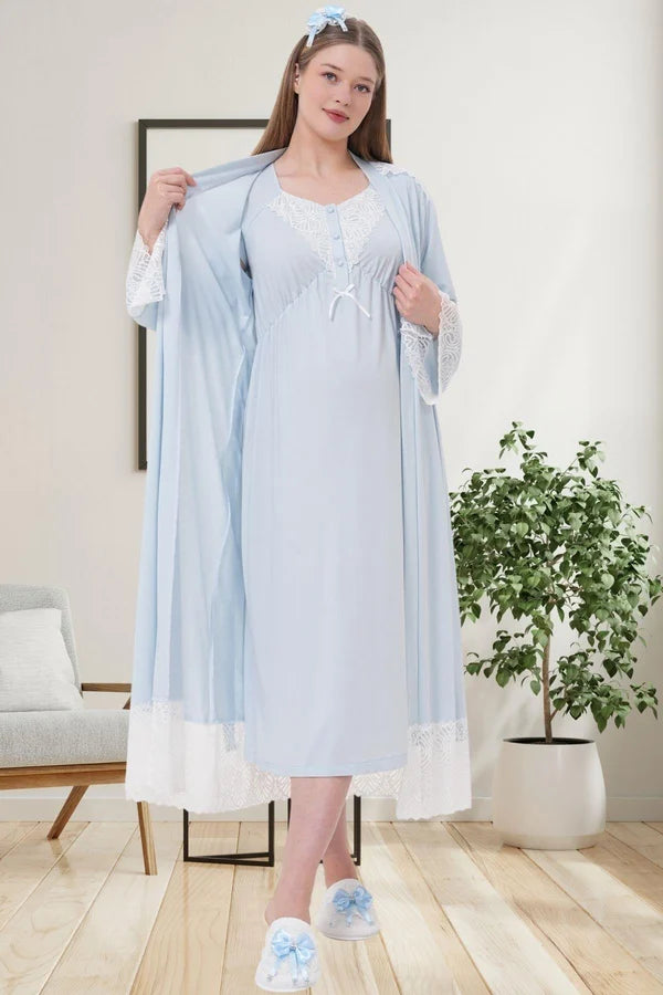 Dantel Kol Önden Düğmeli Sabahlıklı Lohusa Hamile  Gecelik Takımı Mavi - 6204