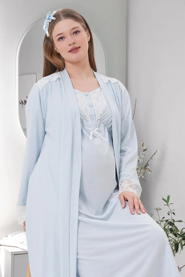 Dantel Kol Önden Düğmeli Sabahlıklı Lohusa Hamile  Gecelik Takımı Mavi - 6204
