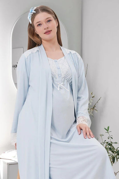 Dantel Kol Önden Düğmeli Sabahlıklı Lohusa Hamile  Gecelik Takımı Mavi - 6204