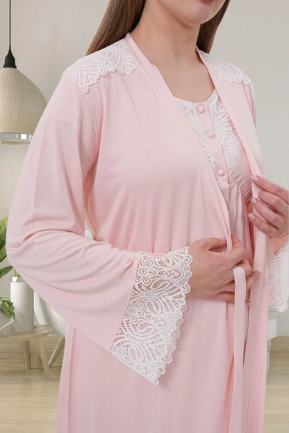 Dantel Kol Önden Düğmeli Sabahlıklı Lohusa Hamile  Gecelik Takımı Pembe - 6204