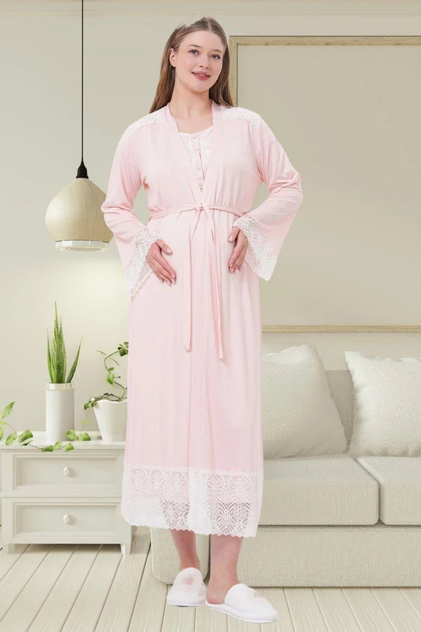 Dantel Kol Önden Düğmeli Sabahlıklı Lohusa Hamile  Gecelik Takımı Pembe - 6204