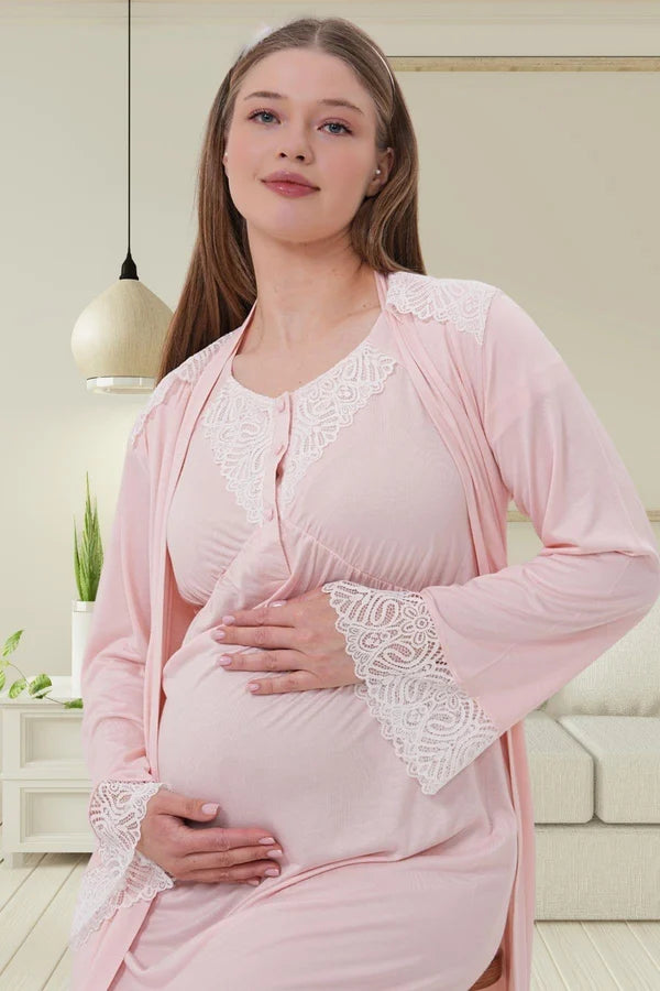Dantel Kol Önden Düğmeli Sabahlıklı Lohusa Hamile  Gecelik Takımı Pembe - 6204