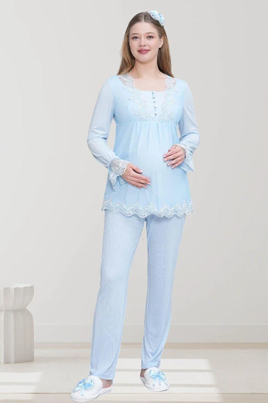 Dantel Kol Önden Düğmeli Hamile Lohusa Pijama Takımı  Mavi - 6300