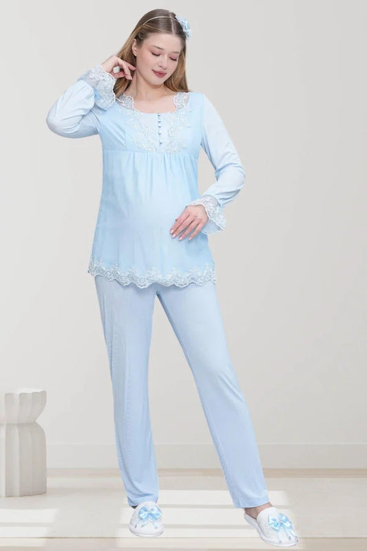 Dantel Kol Önden Düğmeli Hamile Lohusa Pijama Takımı  Mavi - 6300