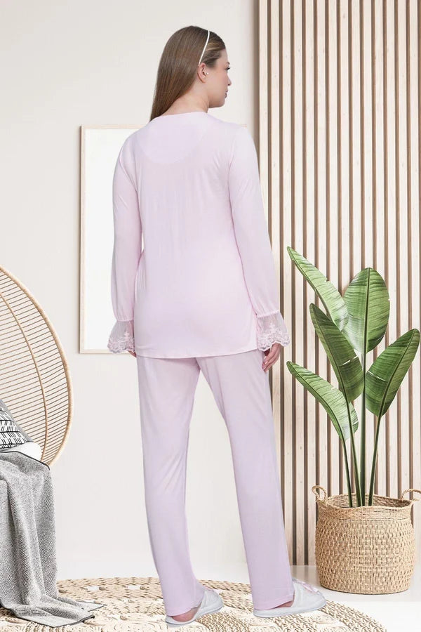 Dantel Kol Önden Düğmeli Hamile Lohusa Pijama Takımı  Pembe - 6300