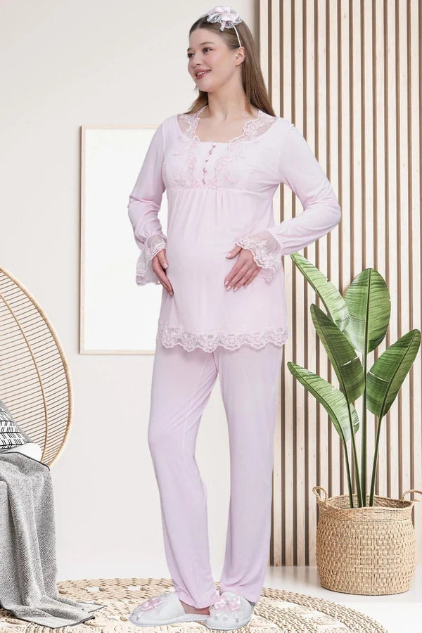 Dantel Kol Önden Düğmeli Hamile Lohusa Pijama Takımı  Pembe - 6300