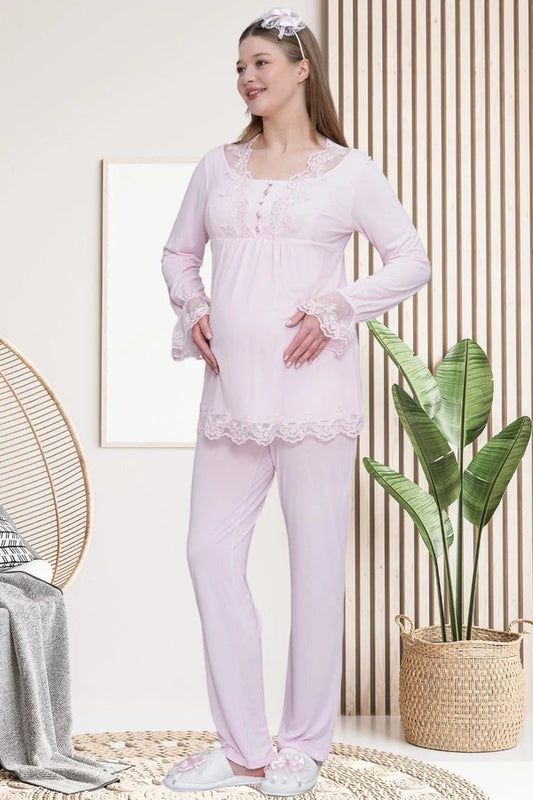 Dantel Kol Önden Düğmeli Hamile Lohusa Pijama Takımı  Pembe - 6300