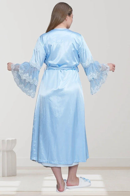 Dantel Kol Önden Düğmeli Sabahlıklı Gecelikli Pijama Takımlı 4'Lü Lohusa  Set  Mavi - 6302