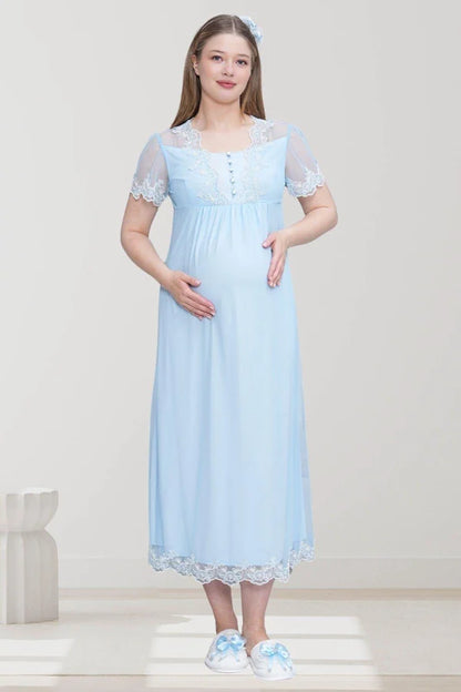 Dantel Kol Önden Düğmeli Sabahlıklı Gecelikli Pijama Takımlı 4'Lü Lohusa  Set  Mavi - 6302
