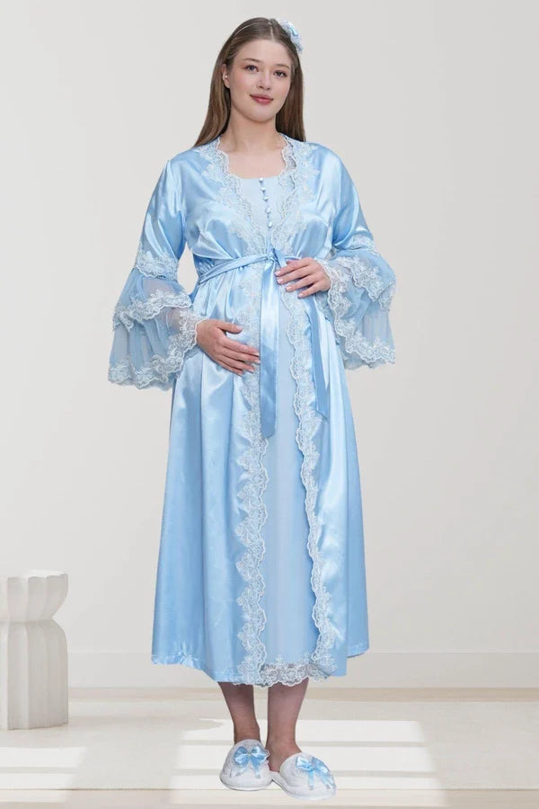 Dantel Kol Önden Düğmeli Sabahlıklı Gecelikli Pijama Takımlı 4'Lü Lohusa  Set  Mavi - 6302